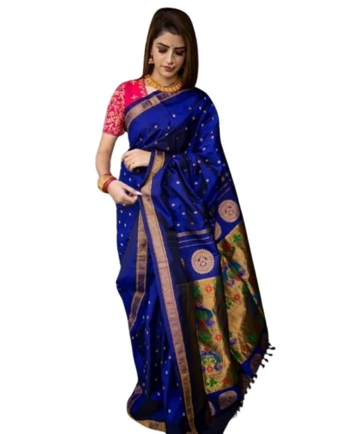 Generic Women's Silk Printed Saree With Unstitched Blouse 5.5Mtr (Blue)