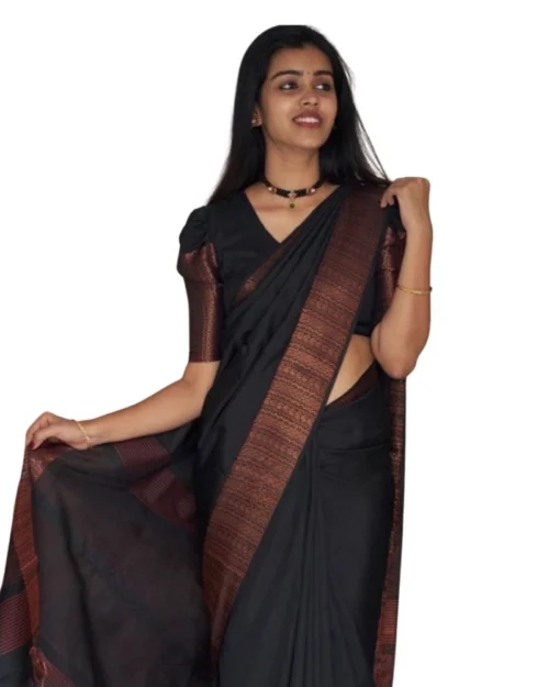 Generic Women's Silk Printed Saree With Unstitched Blouse 5.5Mtr (Black)