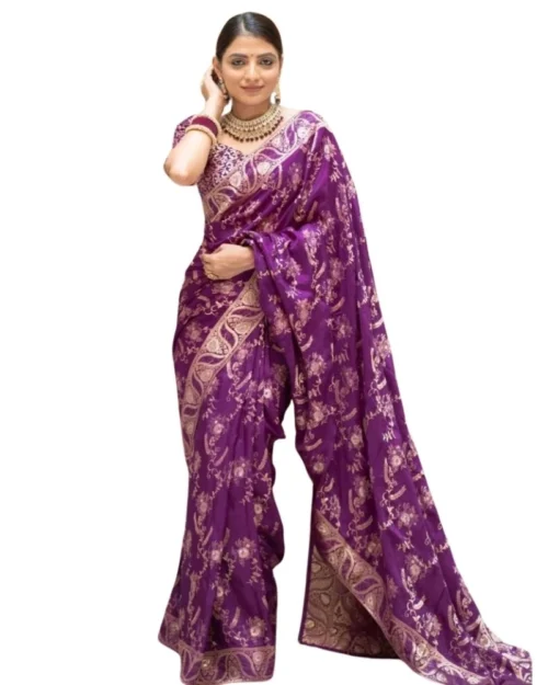 Generic Women's Silk Printed Saree With Unstitched Blouse 5.5Mtr (Purple)