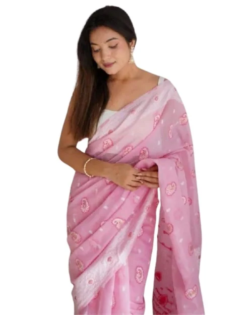 Generic Women's Cotton  Printed Saree With Unstitched Blouse 5.5Mtr (Pink)