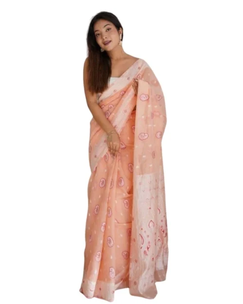 Generic Women's Cotton  Printed Saree With Unstitched Blouse 5.5Mtr (Peach)