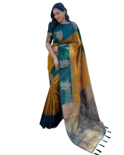 Generic Women's Silk Printed Saree With Unstitched Blouse 5.5Mtr (Yellow)