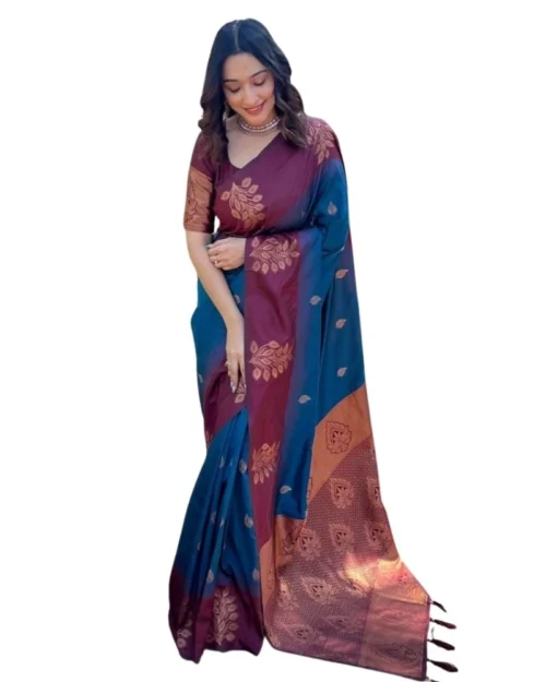Generic Women's Silk Printed Saree With Unstitched Blouse 5.5Mtr (Blue)