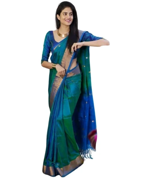 Generic Women's Silk Printed Saree With Unstitched Blouse 5.5Mtr (Blue)