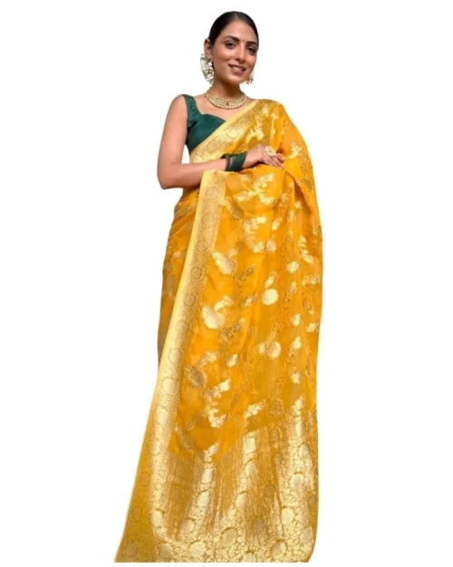 Generic Women's Silk Printed Saree With Unstitched Blouse 5.5Mtr (Gold Yellow)