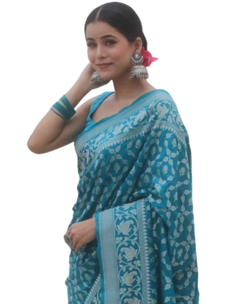Generic Women's Silk Printed Saree With Unstitched Blouse 5.5Mtr (Sky Blue)