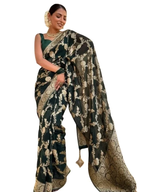 Generic Women's Silk Printed Saree With Unstitched Blouse 5.5Mtr (Dark Green)