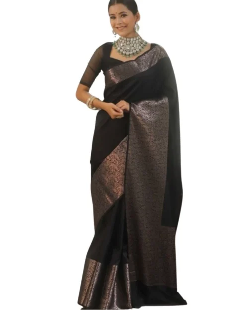 Generic Women's Silk Printed Saree With Unstitched Blouse 5.5Mtr (Black)