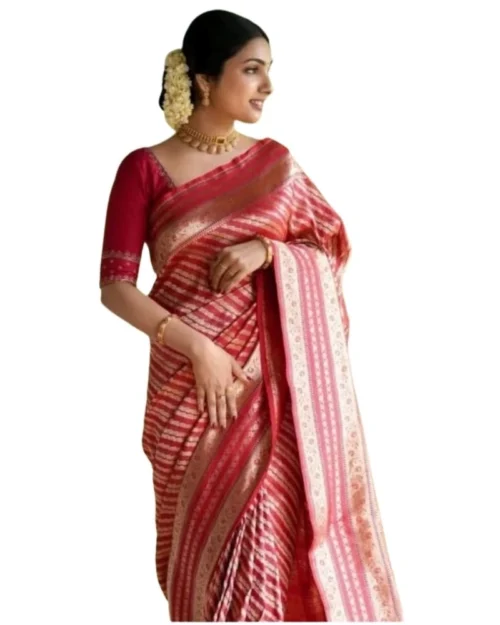 Generic Women's Silk Printed Saree With Unstitched Blouse 5.5Mtr (Pink)