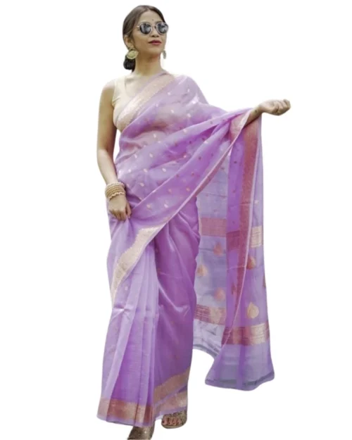 Generic Women's Cotton  Printed Saree With Unstitched Blouse 5.5Mtr (Lavender)