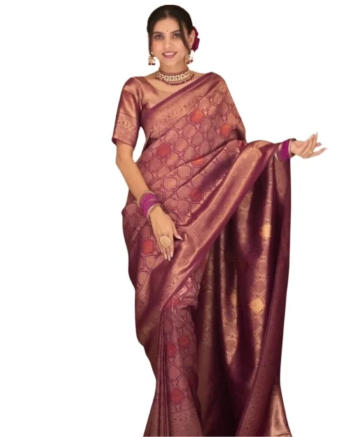 Generic Women's Silk Printed Saree With Unstitched Blouse 5.5Mtr (Wine)
