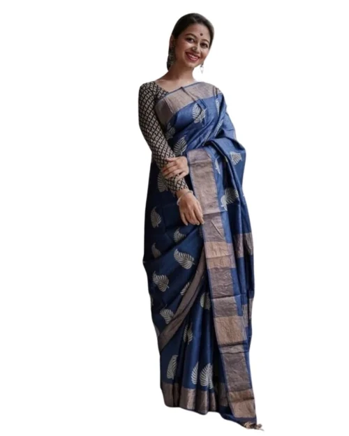 Generic Women's Silk Printed Saree With Unstitched Blouse 5.5Mtr (Navy Blue)