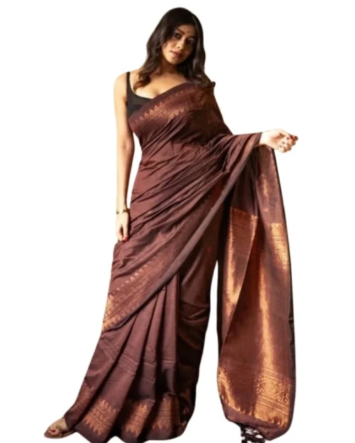 Generic Women's Silk Printed Saree With Unstitched Blouse 5.5Mtr (Coffee)