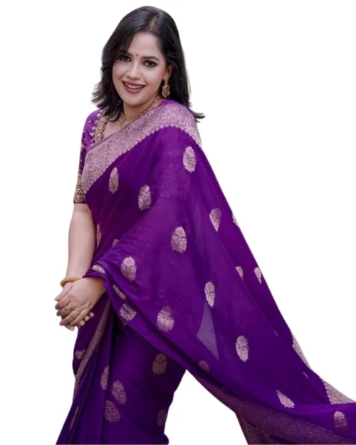 Generic Women's Silk Printed Saree With Unstitched Blouse 5.5Mtr (Purple)