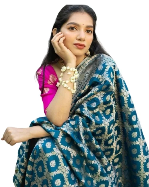 Generic Women's Silk Printed Saree With Unstitched Blouse 5.5Mtr (Sky Blue)