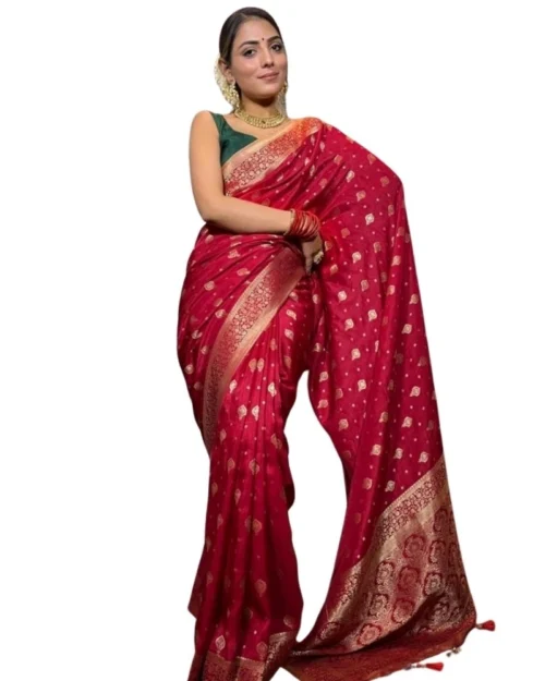 Generic Women's Silk Printed Saree With Unstitched Blouse 5.5Mtr (Red)