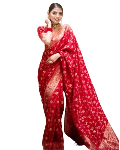 Generic Women's Silk Printed Saree With Unstitched Blouse 5.5Mtr (Red)