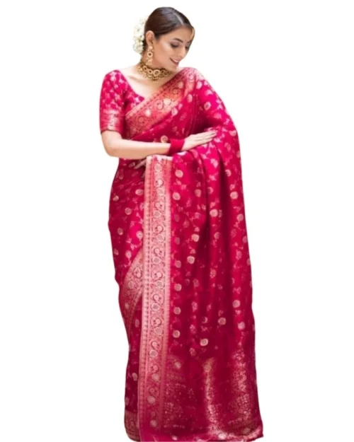 Generic Women's Silk Printed Saree With Unstitched Blouse 5.5Mtr (Rani Pink)