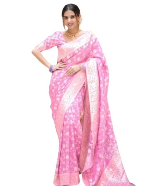 Generic Women's Silk Printed Saree With Unstitched Blouse 5.5Mtr (Pink)