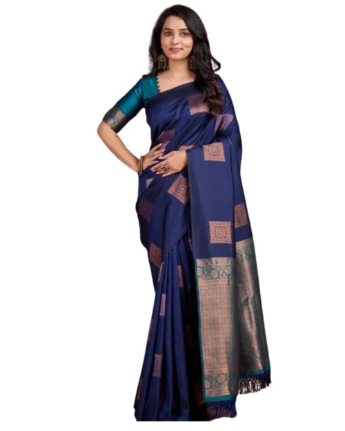 Generic Women's Silk Printed Saree With Unstitched Blouse 5.5Mtr (Navy Blue)