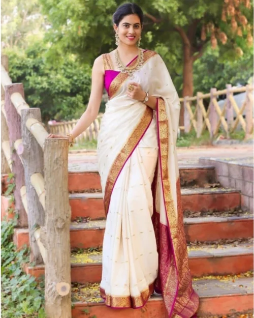 Generic Women's Silk Printed Saree With Unstitched Blouse 5.5Mtr (White)