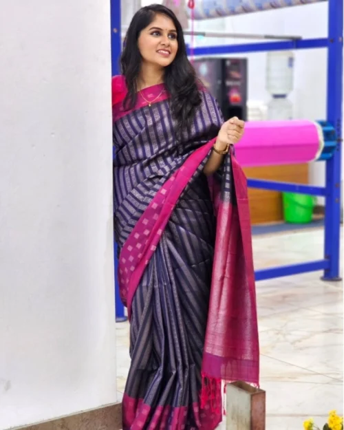 Generic Women's Silk Printed Saree With Unstitched Blouse 5.5Mtr (Navy Blue)