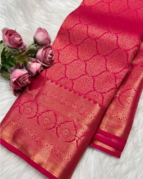 Generic Women's Silk Printed Saree With Unstitched Blouse 5.5Mtr (Rani Pink)
