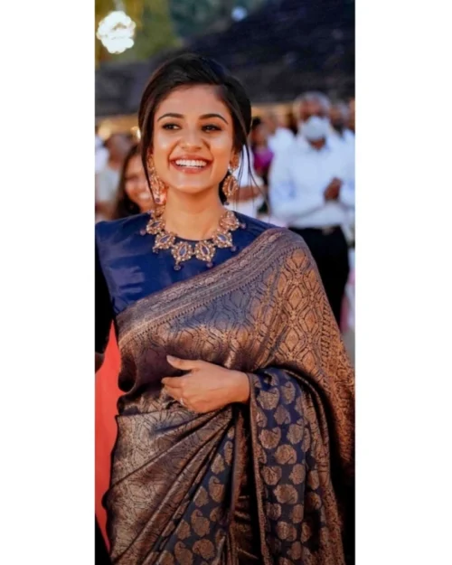 Generic Women's Silk Printed Saree With Unstitched Blouse 5.5Mtr (Blue)