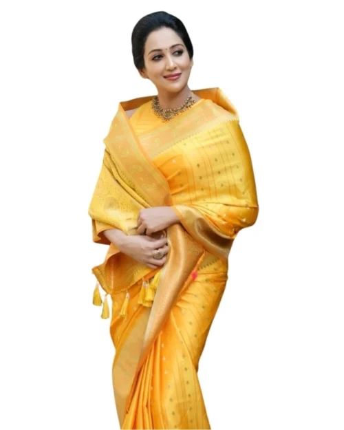 Generic Women's Silk Printed Saree With Unstitched Blouse 5.5Mtr (Yellow)