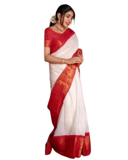 Generic Women's Silk Printed Saree With Unstitched Blouse 5.5Mtr (White)