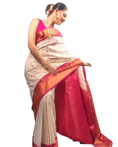 Generic Women's Silk Printed Saree With Unstitched Blouse 5.5Mtr (White-Pink)