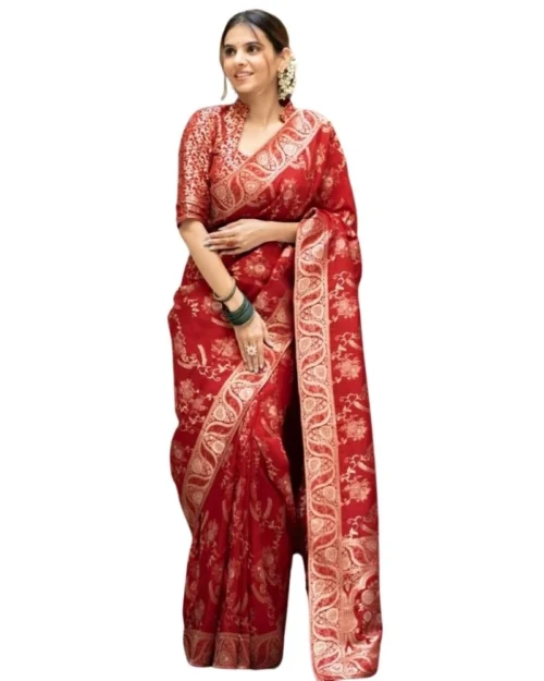 Generic Women's Silk Printed Saree With Unstitched Blouse 5.5Mtr (Red)