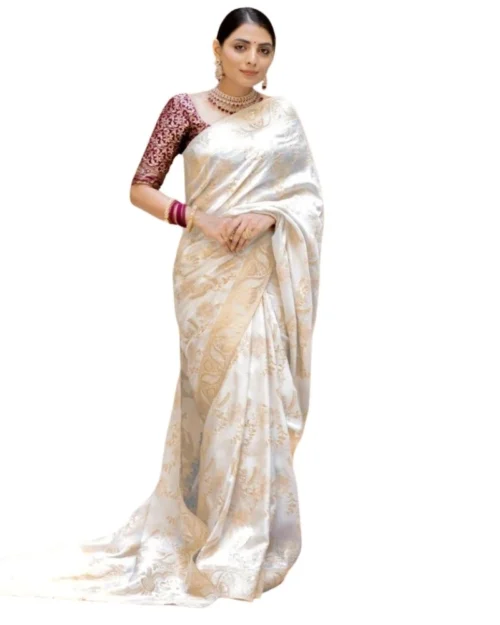 Generic Women's Silk Printed Saree With Unstitched Blouse 5.5Mtr (White)