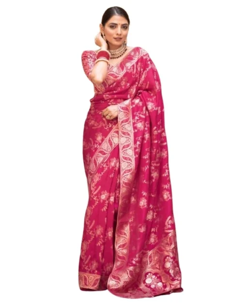 Generic Women's Silk Printed Saree With Unstitched Blouse 5.5Mtr (Pink)