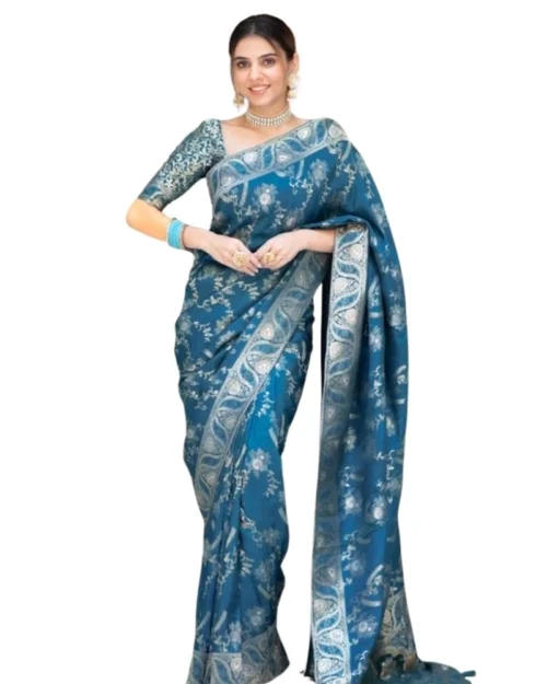 Generic Women's Silk Printed Saree With Unstitched Blouse 5.5Mtr (Teal Blue)