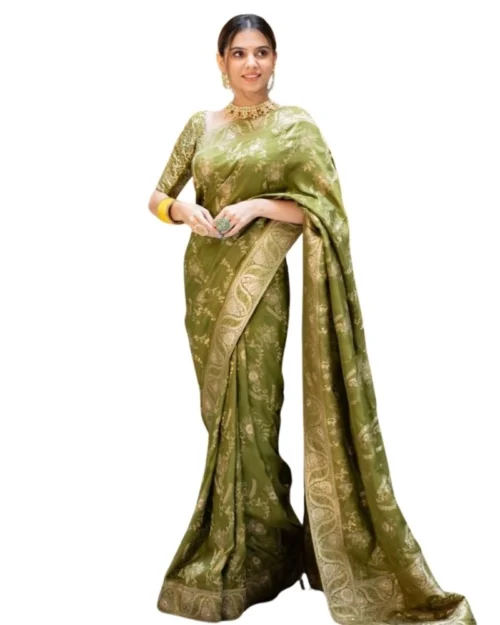 Generic Women's Silk Printed Saree With Unstitched Blouse 5.5Mtr (Olive Green)