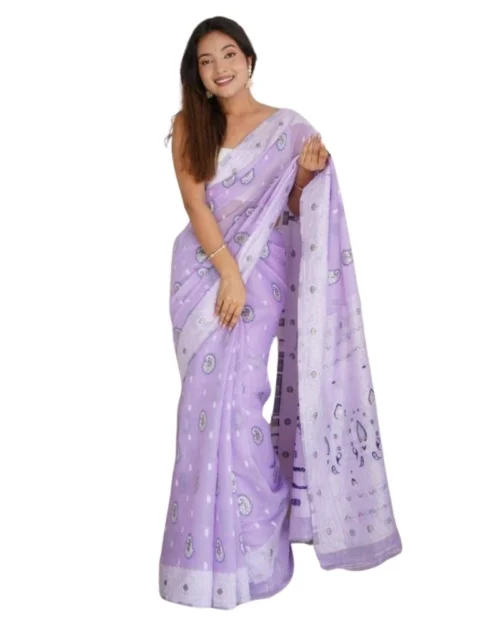 Generic Women's Cotton  Printed Saree With Unstitched Blouse 5.5Mtr (Lavender)