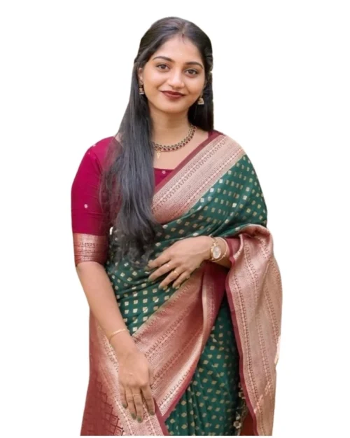 Generic Women's Silk Printed Saree With Unstitched Blouse 5.5Mtr (Green-Red)