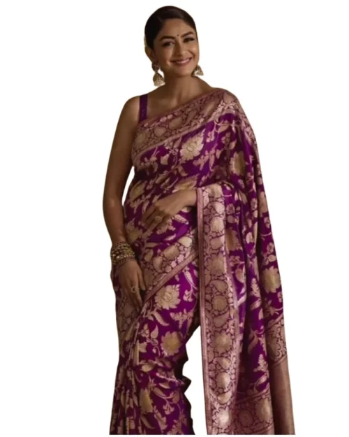 Generic Women's Silk Printed Saree With Unstitched Blouse 5.5Mtr (Purple)
