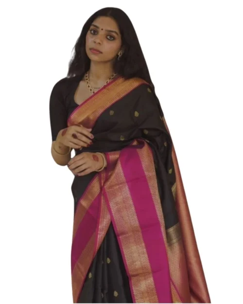 Generic Women's Silk Printed Saree With Unstitched Blouse 5.5Mtr (Black-Pink)