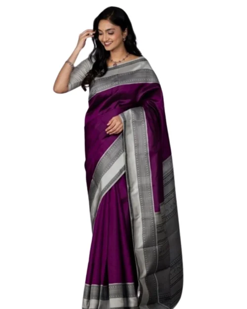 Generic Women's Silk Printed Saree With Unstitched Blouse 5.5Mtr (Purple)