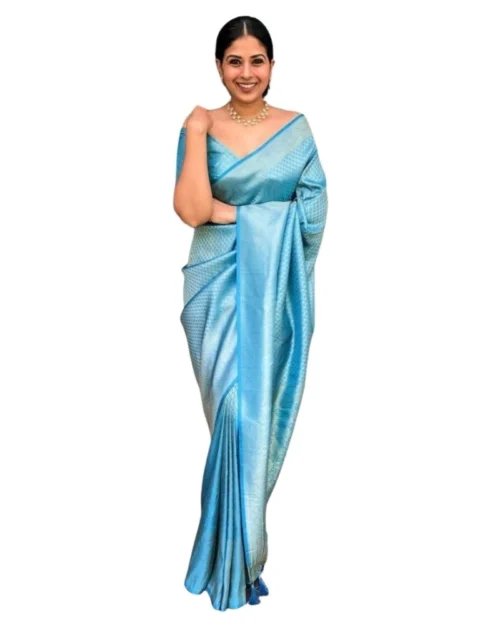 Generic Women's Silk Printed Saree With Unstitched Blouse 5.5Mtr (Sky Blue)