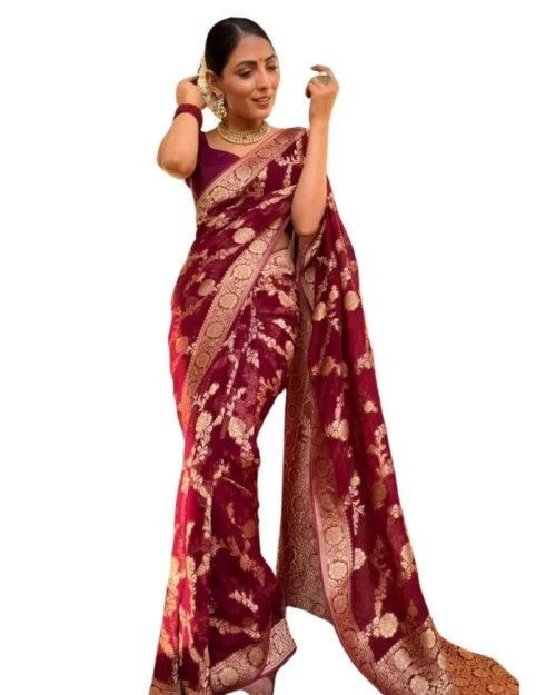 Generic Women's Silk Printed Saree With Unstitched Blouse 5.5Mtr (Maroon)
