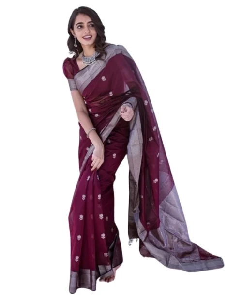 Generic Women's Cotton  Printed Saree With Unstitched Blouse 5.5Mtr (Maroon)