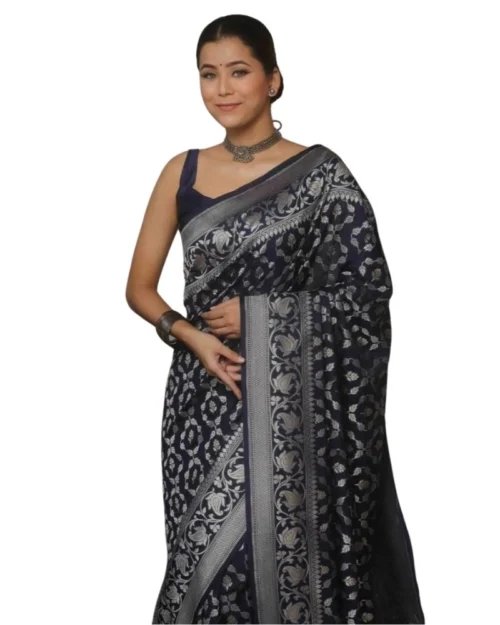 Generic Women's Silk Printed Saree With Unstitched Blouse 5.5Mtr (Navy Blue)