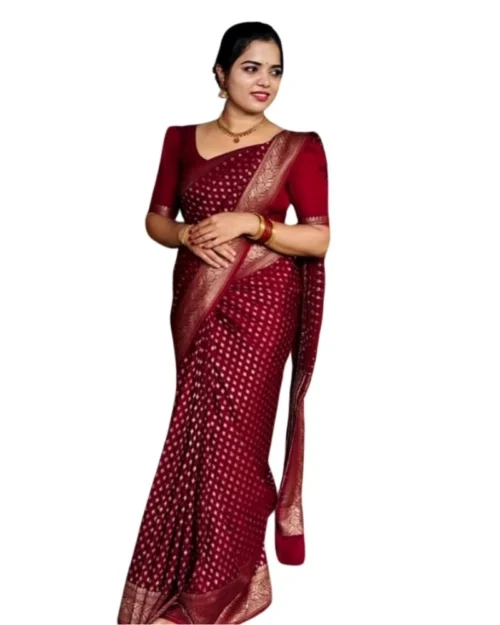 Generic Women's Silk Printed Saree With Unstitched Blouse 5.5Mtr (Maroon)