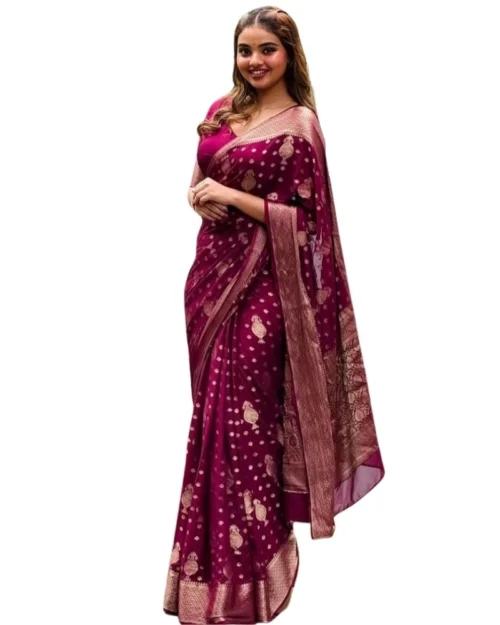 Generic Women's Silk Printed Saree With Unstitched Blouse 5.5Mtr (Wine)