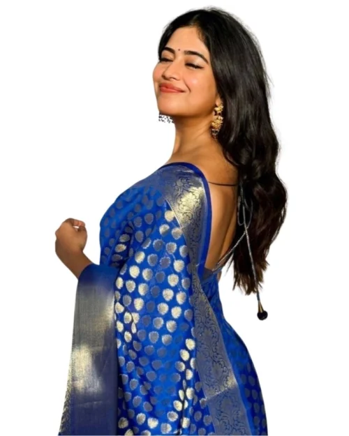 Generic Women's Silk Printed Saree With Unstitched Blouse 5.5Mtr (Royal Blue)