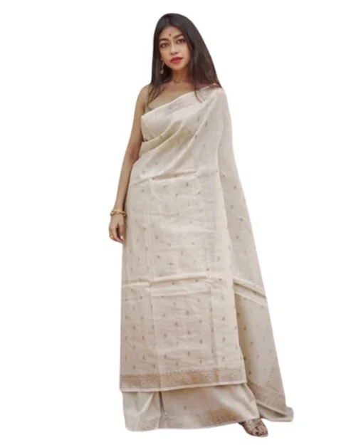 Generic Women's Cotton  Printed Saree With Unstitched Blouse 5.5Mtr (Cream)