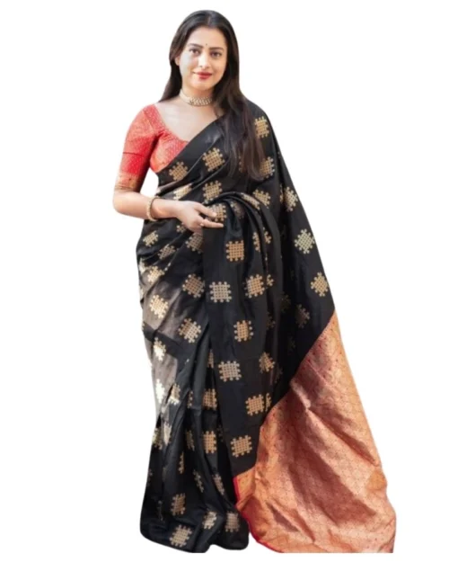 Generic Women's Silk Printed Saree With Unstitched Blouse 5.5Mtr (Blacl-Orange)